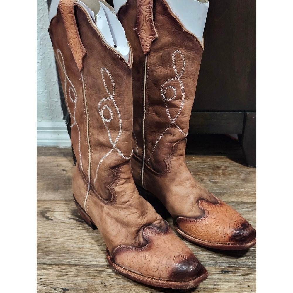 Ferrini Women's Leather Cowboy Boots Size 9.5 B Tan Distressed Burnished Western